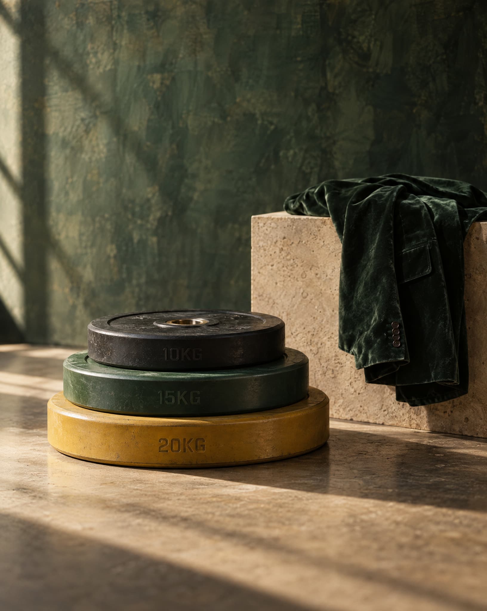 A stack of weight plates in descending size beside a folded green velvet blazer.